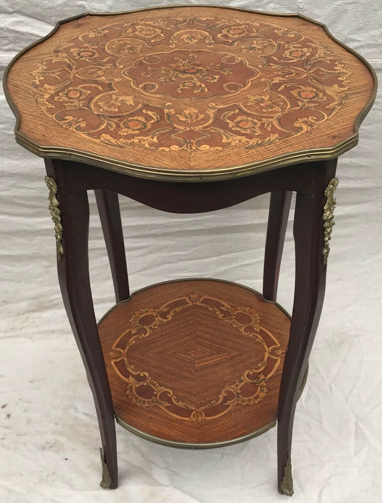 EARLY 20TH C FRENCH LOUIS XV STYLE MARQUETRY END TABLES W/ FLORAL BRASS MOUNTS