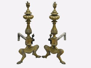 19TH C ANTIQUE BRASS NEO CLASSICAL ANDIRONS ~ NEW YORK CITY