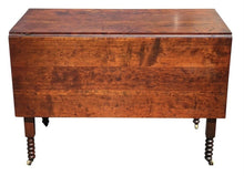 Load image into Gallery viewer, 19TH C ANTIQUE SHERATON FIGURED CHERRY DROP LEAF DINING TABLE  W/ SPOOL CARVINGS