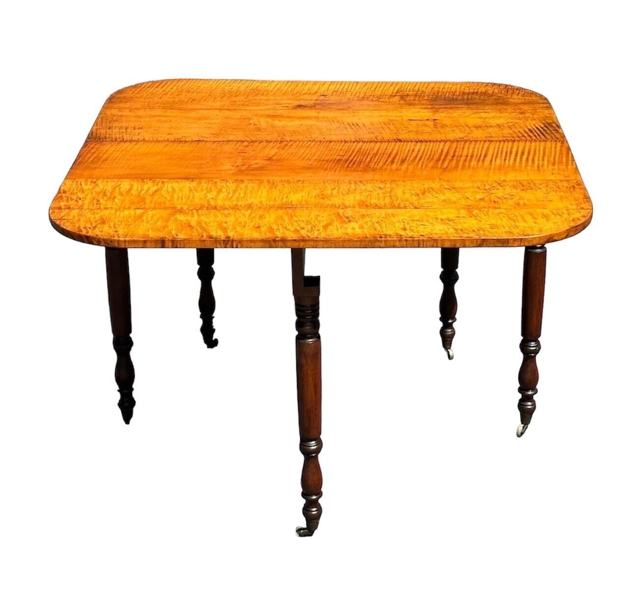 Early 19th Century Antique Federal Tiger Maple & Cherry Dropleaf Bakers Table