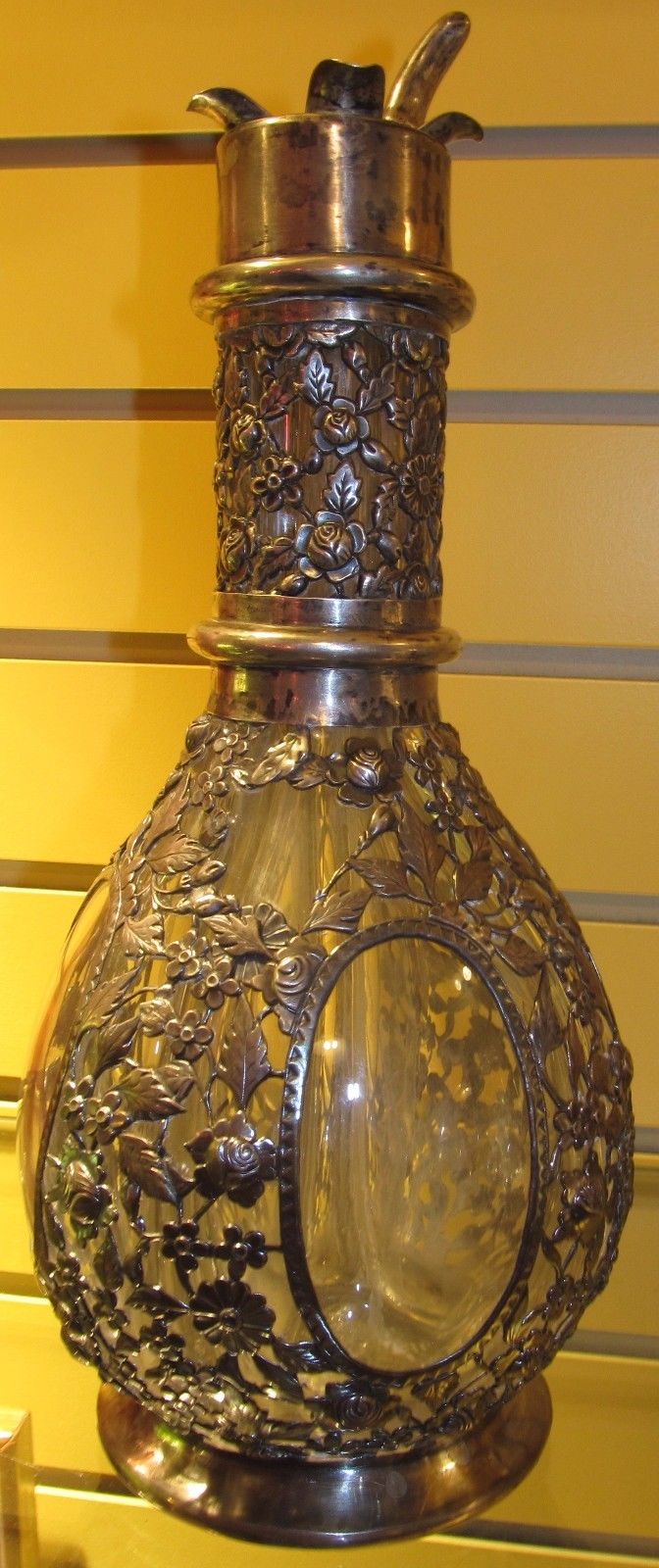 STERLING SILVER FRENCH 4 CHAMBER LIQUOR DECANTER-FINE FLORAL REPOSE WORK
