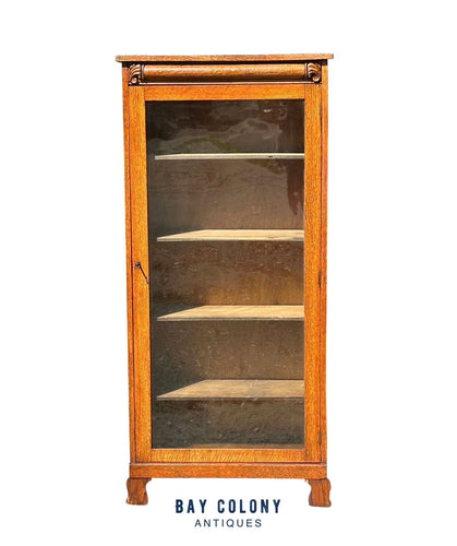 Antique Victorian Oak Carved Single Door Bookcase Cabinet With Adjusting Shelves