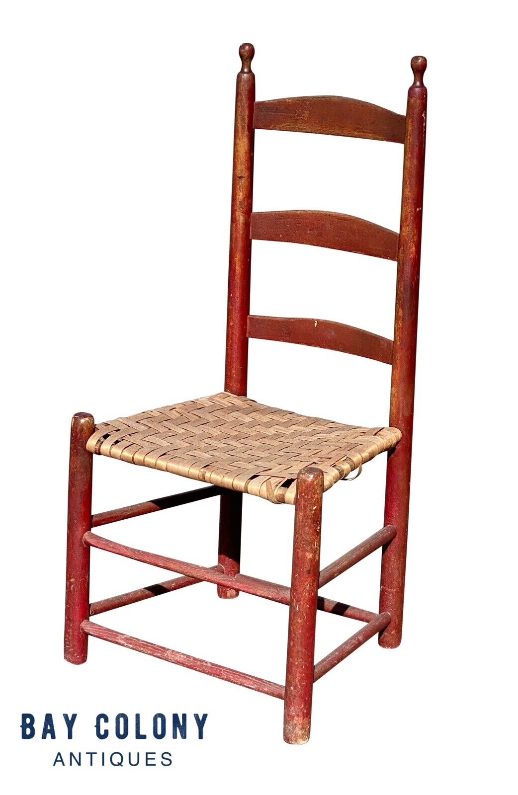 18th C Antique Queen Anne Ladder Back Side Chair - Red Paint & Splint Seat