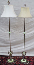 Load image into Gallery viewer, PAIR OF ART NOUVEAU GREEN SLAG GLASS ANTIQUE BRIDGE LAMPS