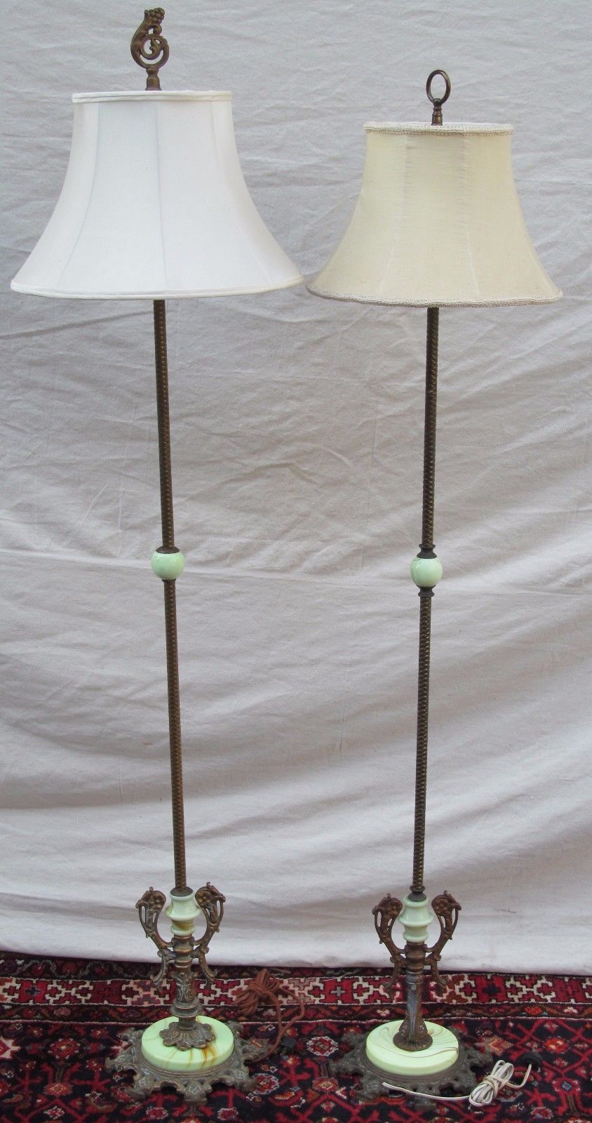PAIR OF ART NOUVEAU GREEN SLAG GLASS ANTIQUE BRIDGE LAMPS