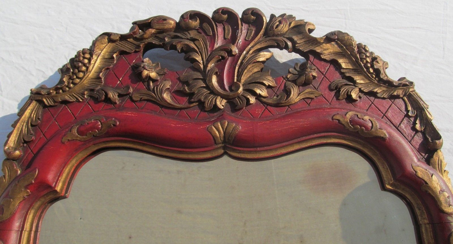 FINE ANTIQUE CONTINENTAL RED AND GOLD GILT HIGHLIGHTED MIRROR