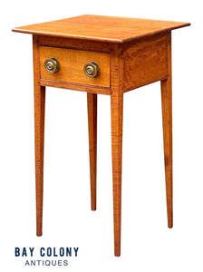 19th C Antique Federal Period Cherry & Tiger Maple Worktable / Nightstand