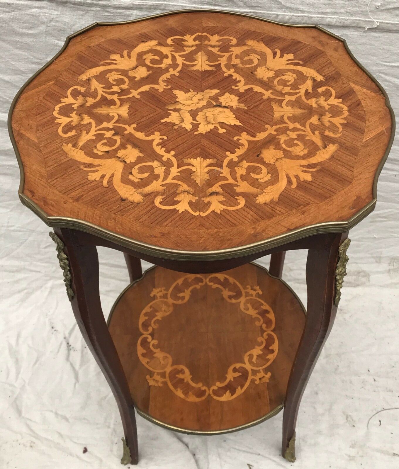 EARLY 20TH C FRENCH LOUIS XV STYLE MARQUETRY END TABLES W/ FLORAL BRASS MOUNTS