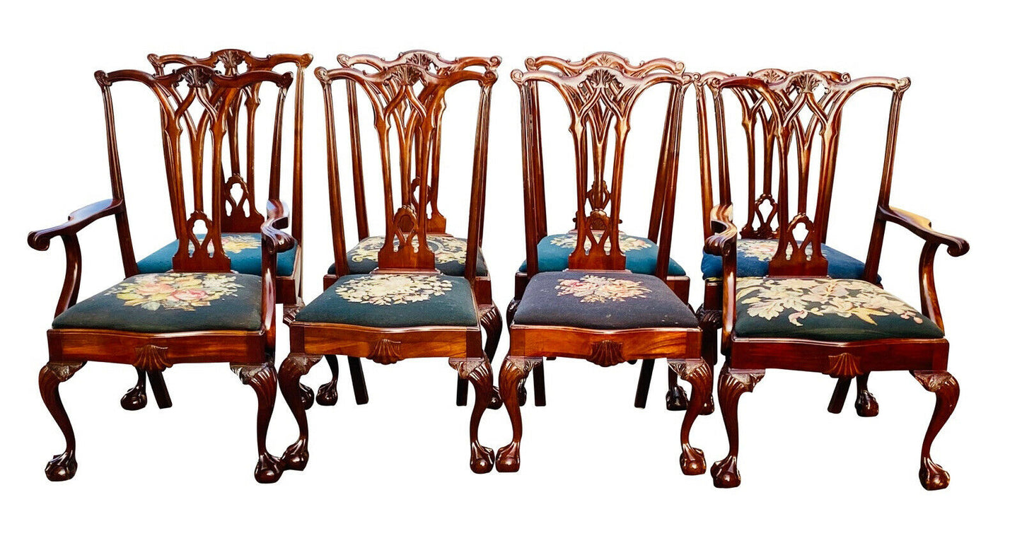 20TH C CHIPPENDALE ANTIQUE STYLE SET OF 8 SHELL CARVED MAHOGANY DINING CHAIRS