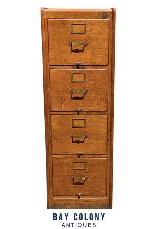 20TH C ANTIQUE ARTS & CRAFTS LIBRARY BUREAU 4 DRAWER TIGER OAK FILE CABINET