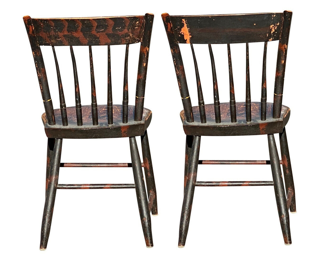 19TH C PAIR OF ANTIQUE COUNTRY PRIMITIVE FANCY PAINT WINDSOR THUMB BACK CHAIRS