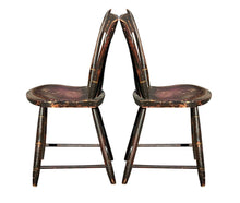 Load image into Gallery viewer, 19TH C PAIR OF ANTIQUE COUNTRY PRIMITIVE FANCY PAINT WINDSOR THUMB BACK CHAIRS