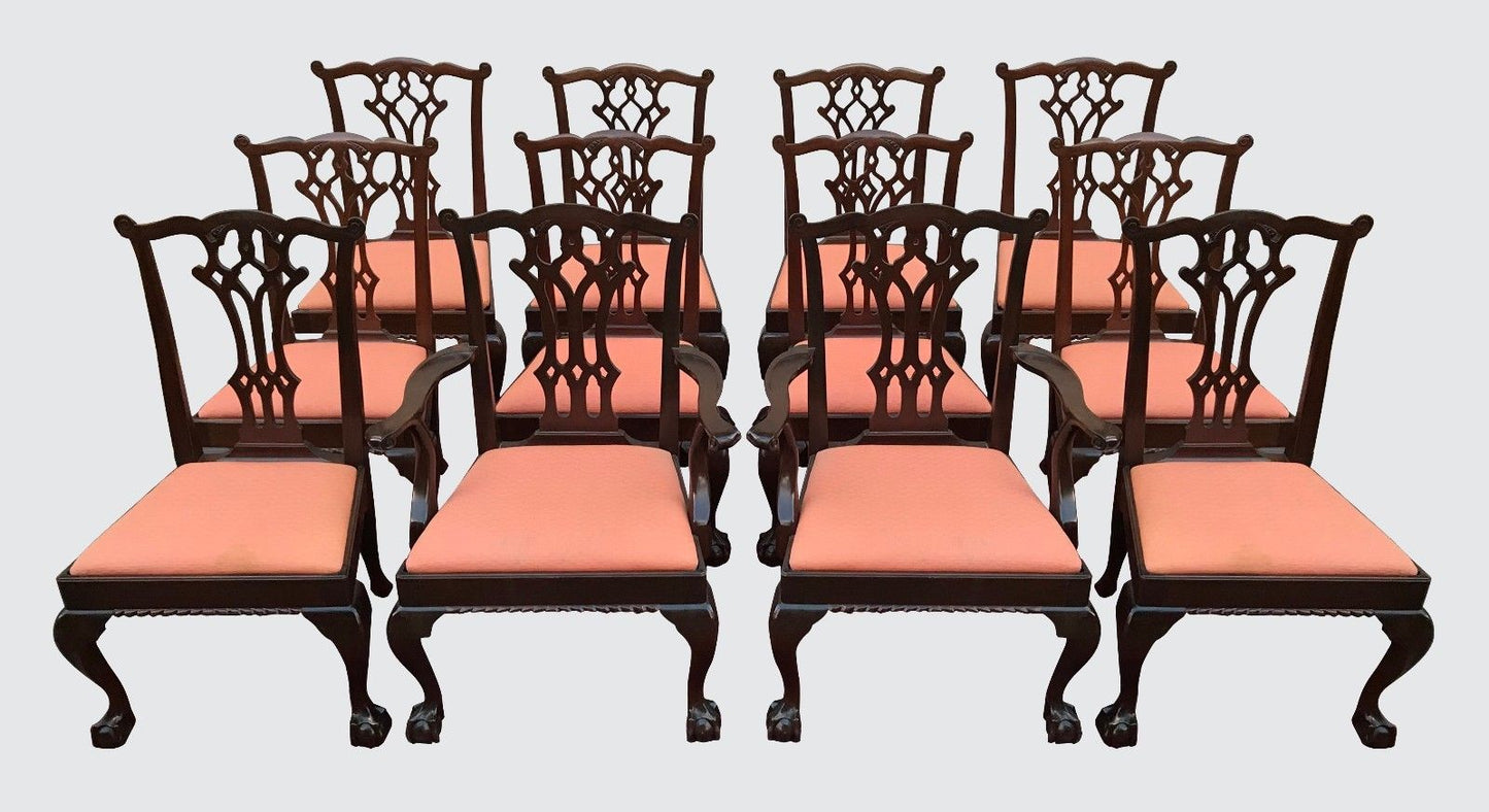 CHIPPENDALE STYLE SET OF 12 ANTIQUE MAHOGANY DINING CHAIRS & MASTERPIECES!