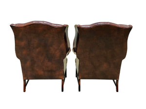 20TH C CHIPPENDALE ANTIQUE STYLE OX BLOOD RED TUFTED LEATHER PAIR OF WING CHAIRS