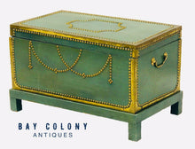 Load image into Gallery viewer, 19TH C ANTIQUE BRASS DECORATED BLANKET BOX / TRUNK ON FRAME