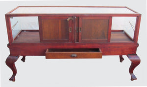 FANCY VICTORIAN BIRCH DISPLAY CASE ON TALL CABRIOLET LEGS