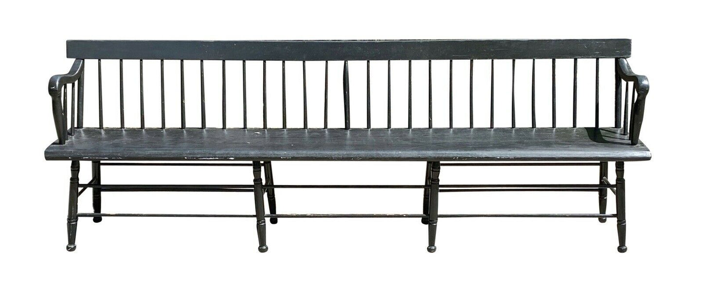 19TH C ANTIQUE NEW ENGLAND BLACK PAINTED FARMHOUSE / DEACONS BENCH ~ 8 FEET