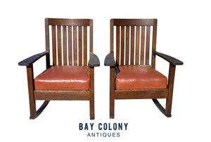 Pair of Antique Arts & Crafts Tiger Oak Rocking Chairs With Orange Leather Seats