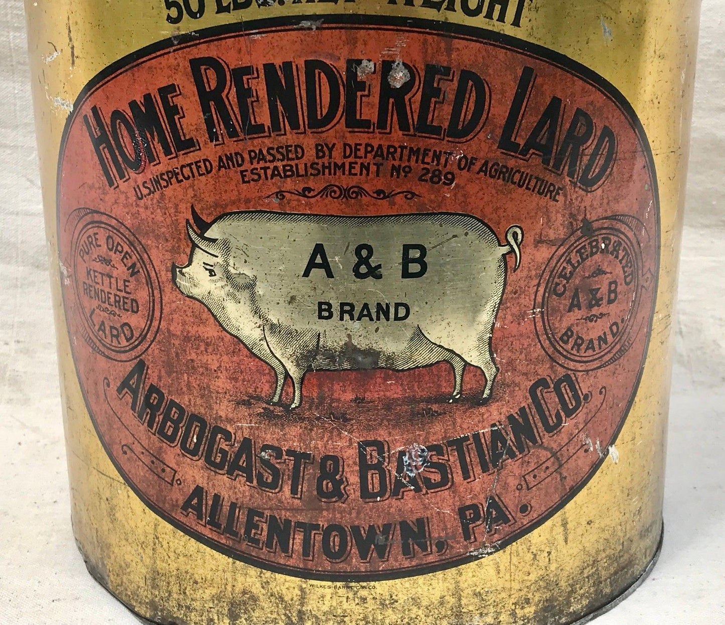 ARBOGAST & BASTIAN LITHOGRAPHED HOME RENDERED LARD TIN ADVERTISING BUCKET - A&B