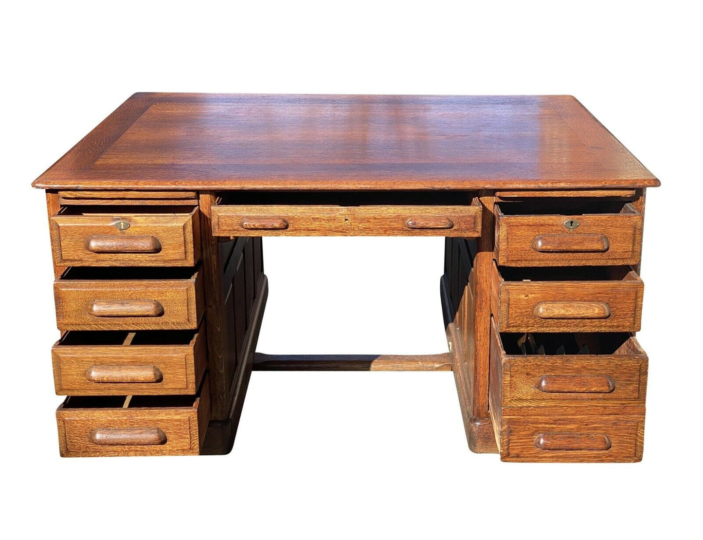 19TH C ANTIQUE VICTORIAN TIGER OAK PARTNERS DESK ~ 60” X 48”