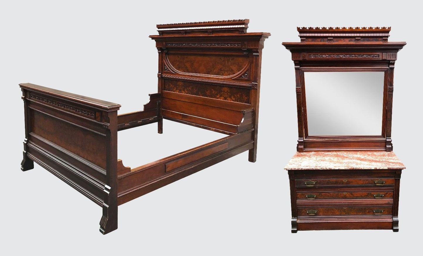 OUTSTANDING BLACK & BURLED WALNUT 2 PC VICTORIAN BEDROOM SET WITH MARBLED TOP