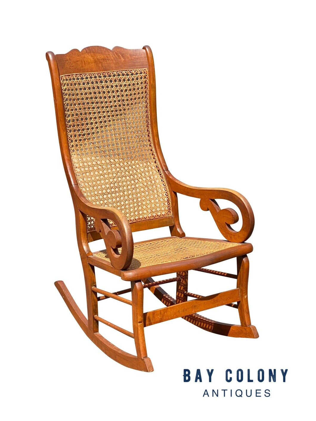 Antique Late 19th Century Tiger Maple Lincoln Rocking Chair With Whale Tail Arms