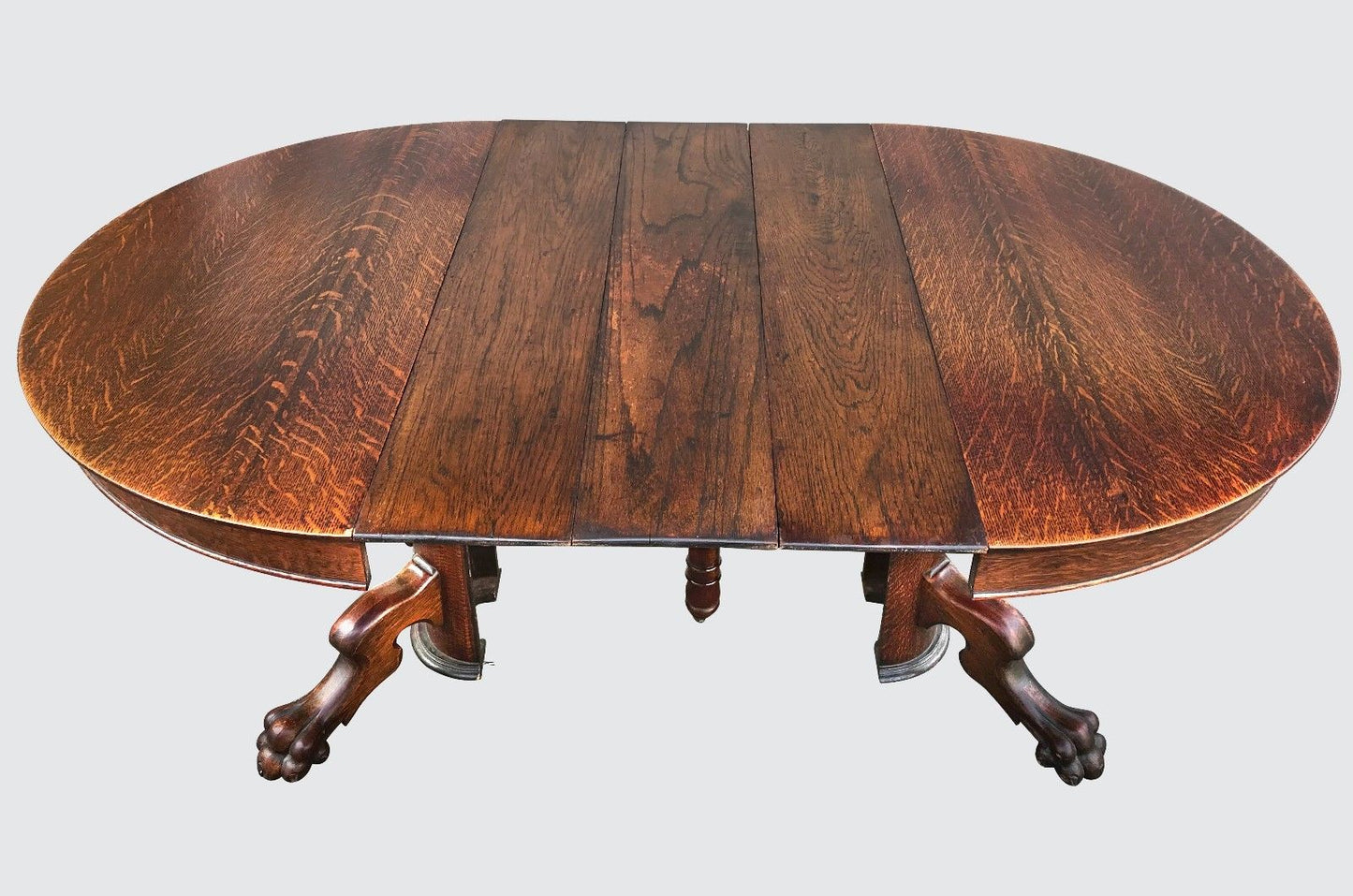 VICTORIAN TIGER OAK DINING TABLE WITH LION PAW BASE & 3 LEAVES-POSSIBLY HASTINGS