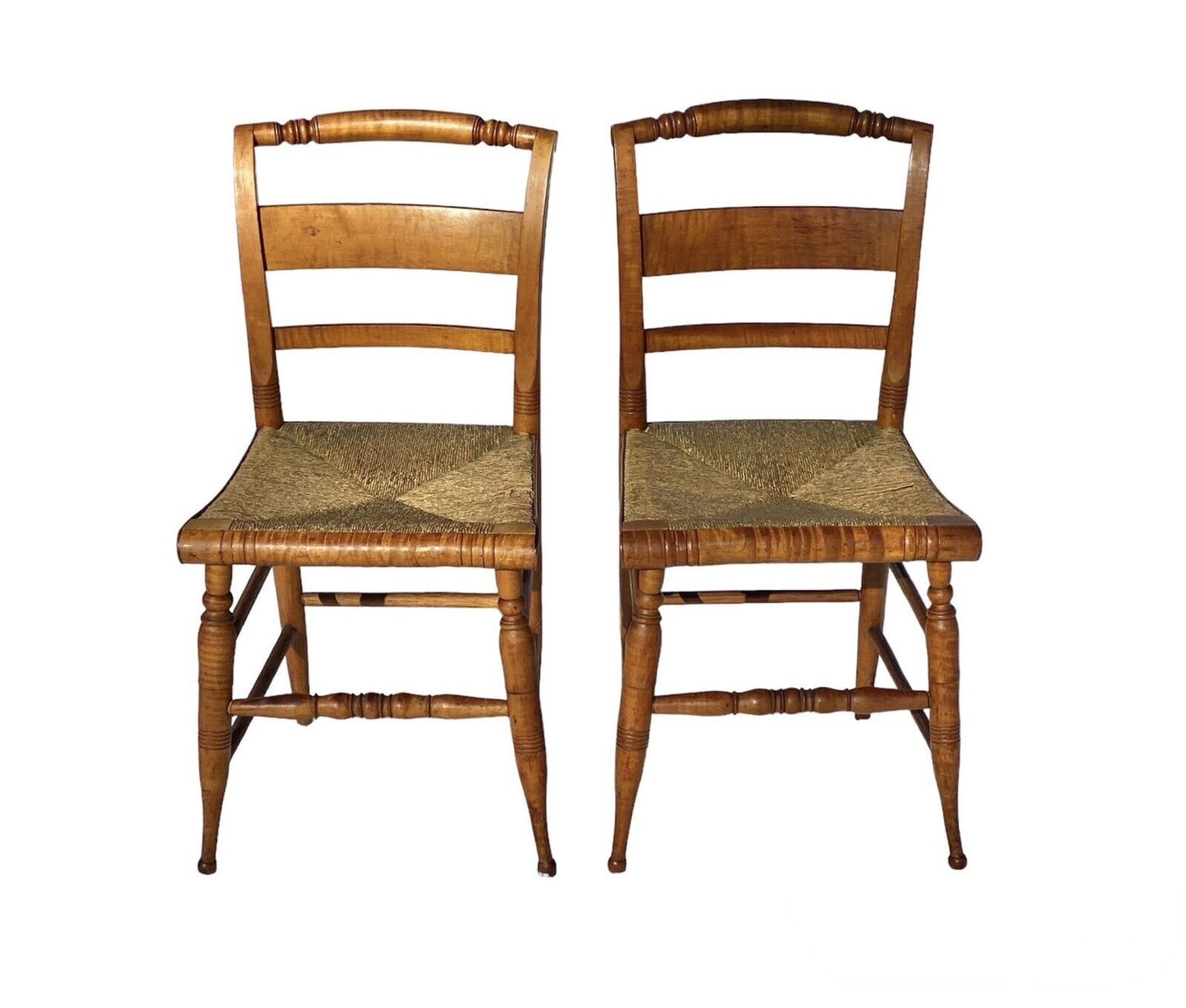 Antique Pair of Tiger Maple Side Chairs with Rush Seats