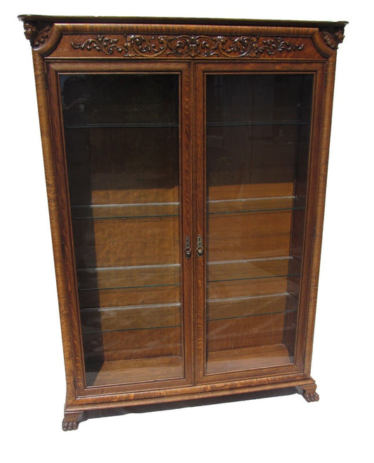 VICTORIAN R.J. HORNER RENAISSANCE REVIVAL TIGER OAK DOUBLE DOOR CARVED BOOKCASE