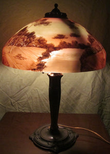 FABULOUS ART NOUVEAU REVERSE PAINTED PITTSBURGH LAMP WITH PAINTED LANDSCAPE
