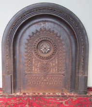 Load image into Gallery viewer, 19TH CENTURY CAST IRON FIRE BACK WITH COMPLETE FRAME SYSTEM &amp; ORNATE MOTIFS