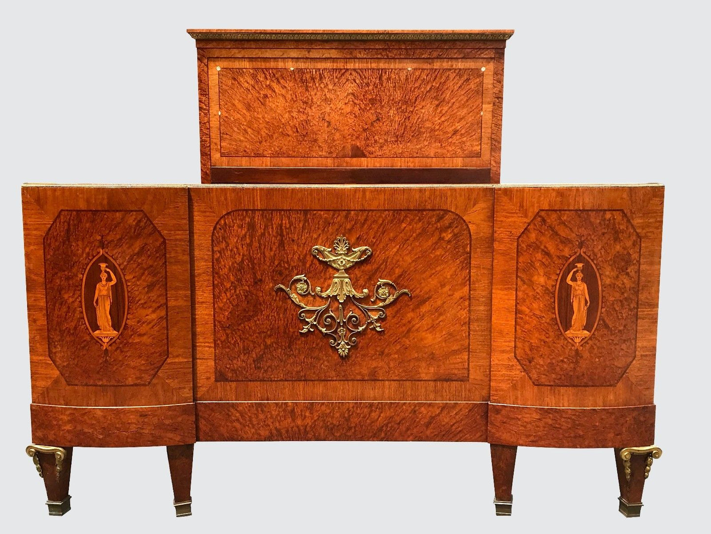 IMPORTANT FRENCH LOUIS XVI BURL WALNUT BED WITH EXTENSIVE INLAY