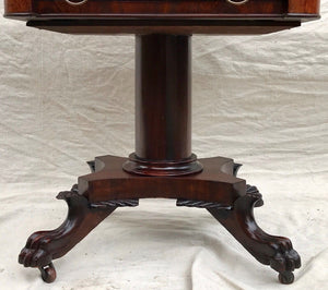 EARLY 19TH C .CLASSICAL MAHOGANY & BIRDS EYE MAPLE LIFT TOP WORK TABLE