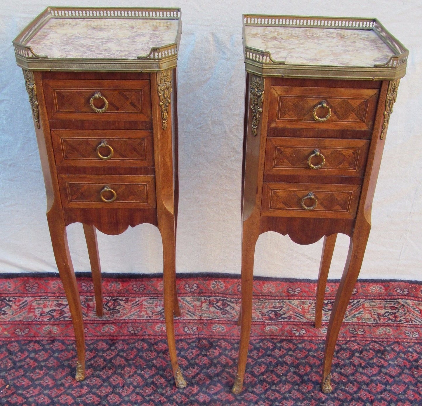 RARE SIZED DIMINUTIVE INLAID PAIR OF FRENCH LOUIS XVI CARRERA MARBLE TOPPED NIGH