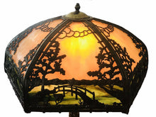Load image into Gallery viewer, EARLY 20TH C ANTIQUE SIGNED RAINAUD SLAG GLASS PANEL LAMP ~JAPANESE GARDEN SCENE