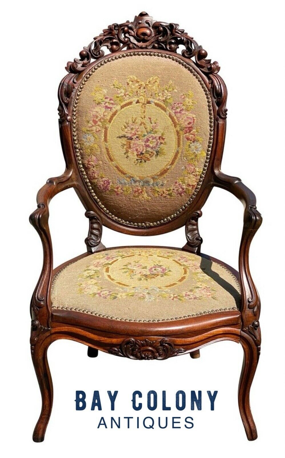 19TH C ANTIQUE VICTORIAN ARMCHAIR W/ CARVED CREST & NEEDLEPOINT SEAT