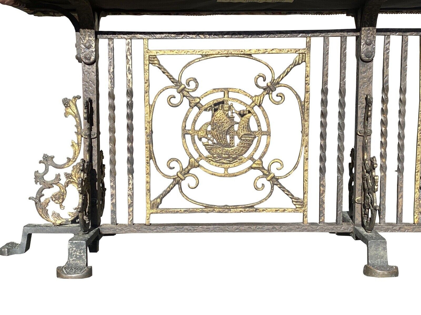 Arts & Crafts Wrought Iron & Bronze Window Bench With Nautical Ships- Oscar Bach