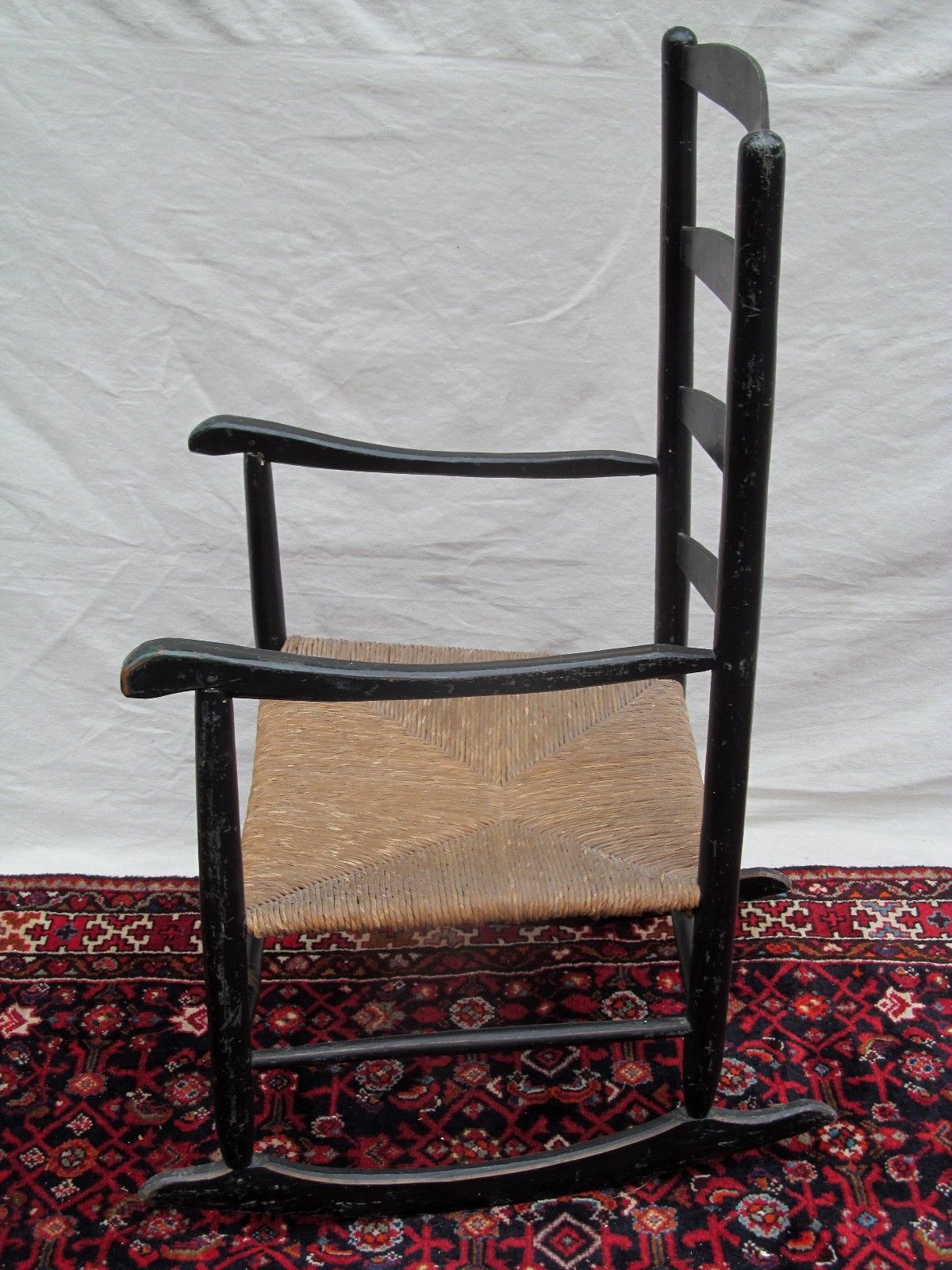 18th CENTURY QUEEN ANNE PERIOD ROCKING ARM CHAIR IN ORIGINAL BLACK PAINT