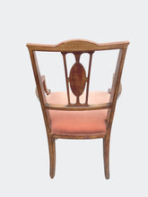 Load image into Gallery viewer, 19TH C. ADAMS STYLE DIMINUTIVE ARM CHAIR W/ MUSICAL MOTIFS &amp; PINK VELVET SEAT