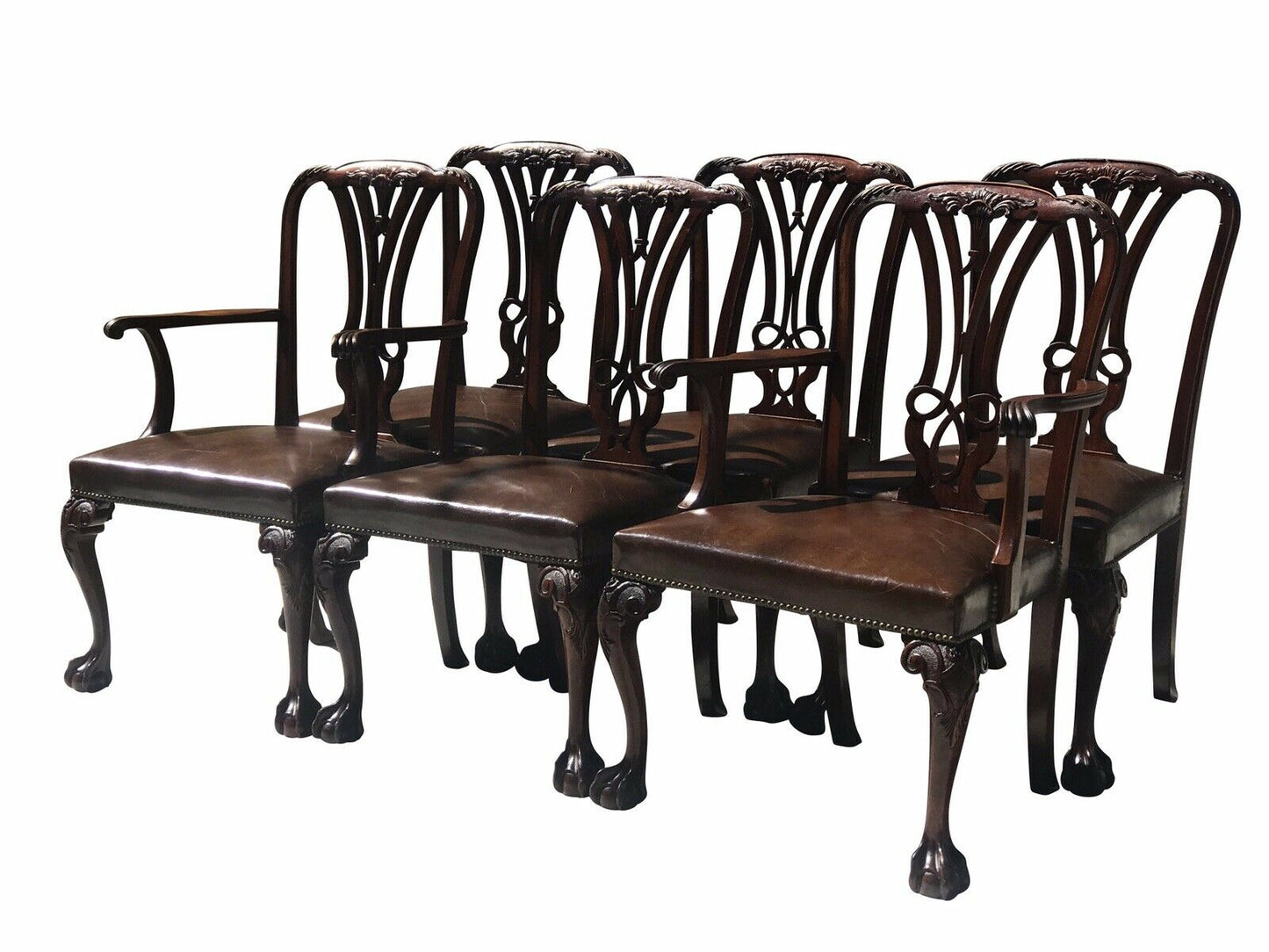 20TH C CHIPPENDALE ANTIQUE STYLE SET OF 6 MAHOGANY DINING CHAIRS