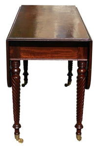 19TH C ANTIQUE SHERATON MAHOGANY DROP LEAF TABLE W/ ROPE CARVED LEGS