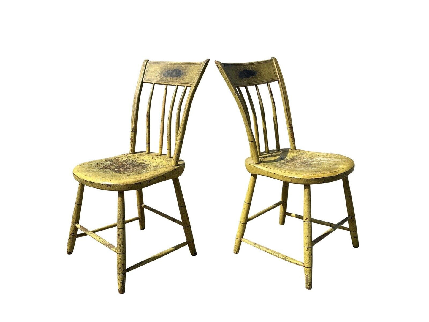 Pair of Antique Windsor Thumbback Birdcage Side Chairs in Original Paint Surface