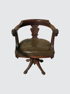 HONER CARVED OAK LEATHER SWIVEL EXECUTIVE DESK CHAIR WITH LION CARVED HEADS