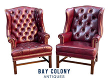 Load image into Gallery viewer, 20th C Chippendale Antique Style Pair Of Tufted Red Leather Wing Back Arm Chairs