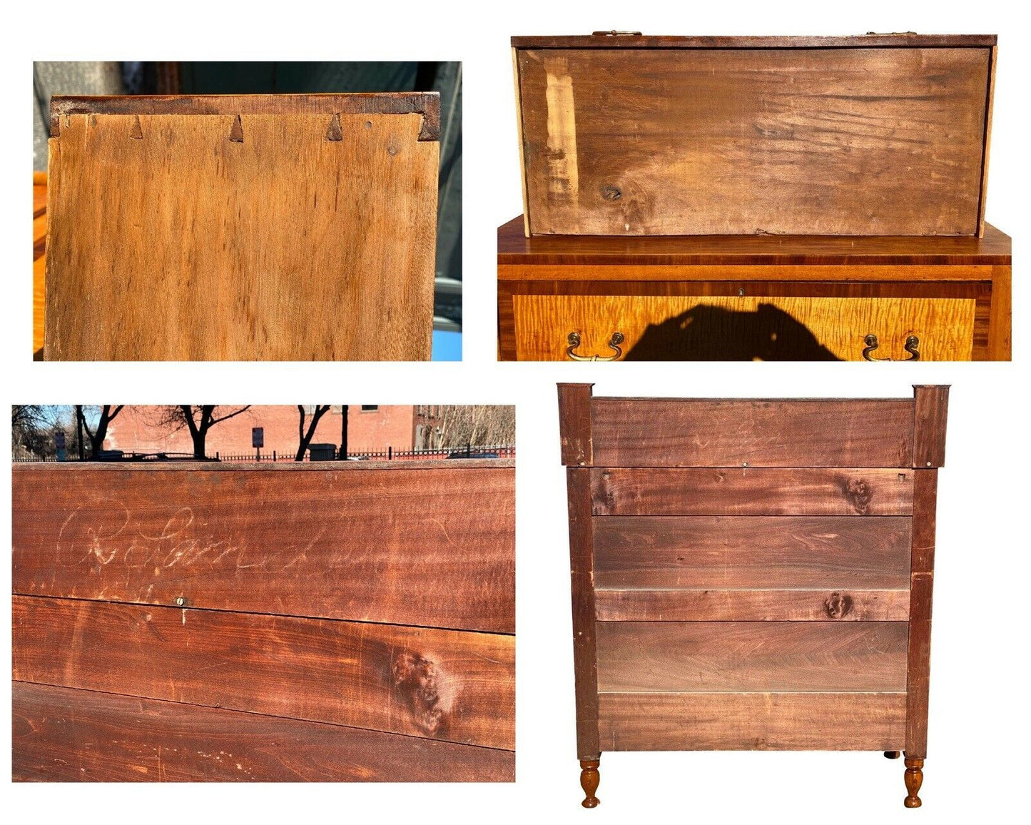 19th C Antique New England Sheraton Cherry & Tiger Maple Dresser / Chest