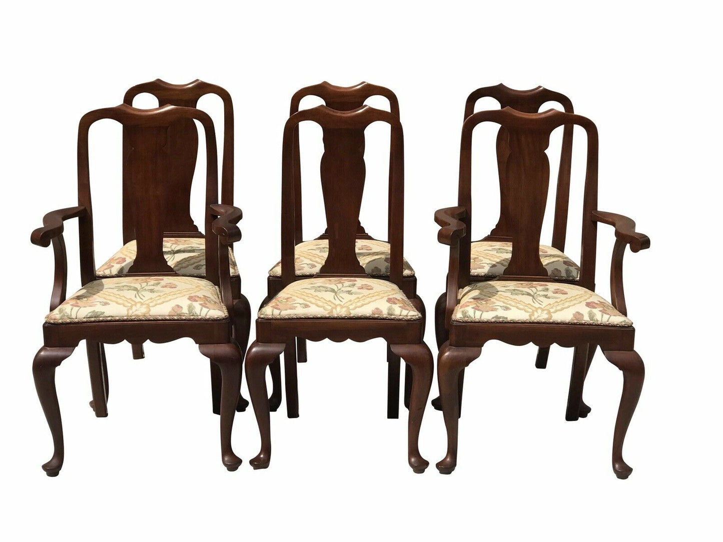 20TH C HENKEL HARRIS SET OF 6 QUEEN ANNE ANTIQUE STYLE WALNUT DINING CHAIRS