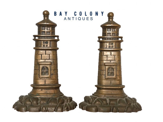 EARLY 20TH C ANTIQUE ARTS & CRAFTS BRASS LIGHTHOUSE BOOKENDS