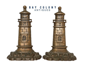 EARLY 20TH C ANTIQUE ARTS & CRAFTS BRASS LIGHTHOUSE BOOKENDS