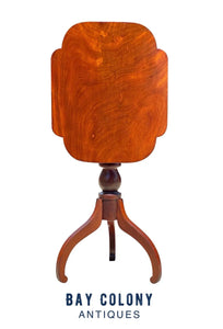 19th C Antique Boston Mahogany Tilt Top Candlestand W/ Scalloped Top