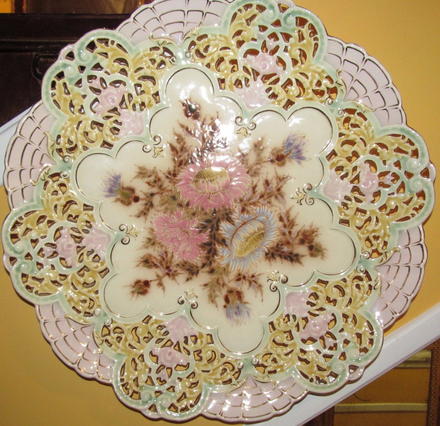 OUTSTANDING ZSOLNAY 16" RETICULATED FLORAL LUSTER PAINTED CHARGER-THE VERY BEST!